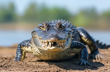 Fototapeta premium Close-Up of a Fierce Alligator with Sharp Teeth on Riverbank Surrounded by Lush Green Landscape Under Bright Blue Sky in Natural Habitat