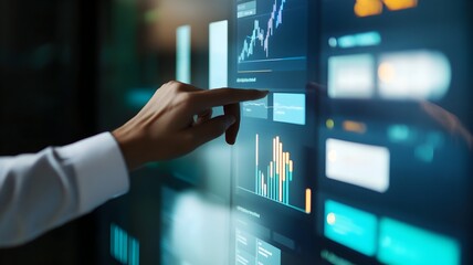 Business professional pointing to data visuals on a digital screen highlighting performance metrics