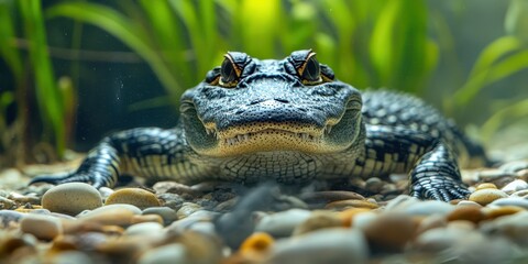 Fototapeta premium Close-Up of a Freshwater Crocodile Swimming in a Natural Habitat Surrounded by Stones and Green Aquatic Plants