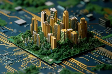 3D isometric illustration of a city on top of a circuit board, with gold and green colors, a dark blue background, and hyper-realistic details in high resolution