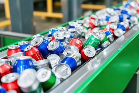 Crushed aluminum cans move along conveyor, recycling plant processing waste, separating materials for reuse.