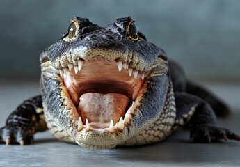 Close-Up of a Large Alligator with an Open Mouth Displaying Sharp Teeth and a Tongue, Capturing the Intriguing Details of Reptilian Features