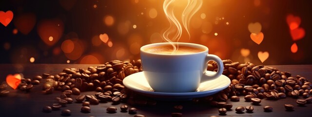 Steaming coffee cup with heart-shaped steam on saucer surrounded by coffee beans and red hearts. Romantic Valentine's Day concept. Cozy cafe atmosphere with warm lighting.