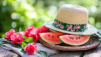 A vibrant straw hat rests beside a juicy watermelon on a wooden table, creating a cheerful summer ambiance perfect for outdoor gatherings.