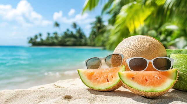 Two slices of melon and a pair of sunglasses rest on the sandy beach, capturing a vibrant summer scene filled with relaxation and enjoyment.