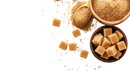 Brown sugar cubes falling from wooden bowl on transparent background