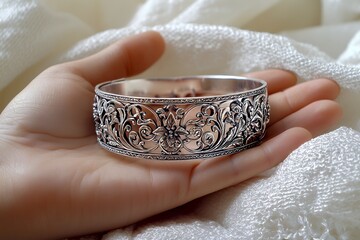 Holding Silver Bangle with Floral Design on Hand in Soft Light