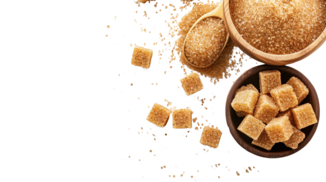 Brown sugar cubes falling from wooden bowl on transparent background