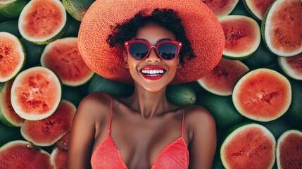 A graceful woman in a red bikini and a large hat relaxes on a bed of vibrant watermelon slices, exuding summer vibes and leisure.