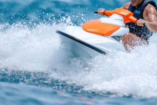Person riding a white and orange watercraft, creating a splash of seawater.