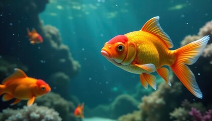 Fototapeta premium Vibrant orange goldfish approaches, underwater scene, pet, wildlife