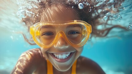 Fototapeta premium A cheerful young girl is enjoying the water while wearing colorful goggles, radiating joy and excitement in her playful aquatic environment.