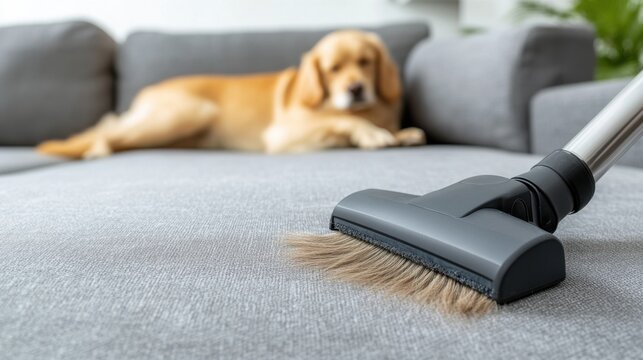 Vacuum cleaner removing pet hair from sofa, Golden Retriever resting on couch.