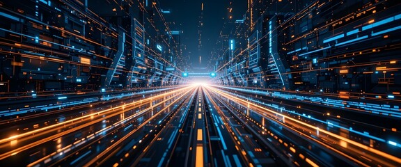 Futuristic Digital Data Stream with Glowing Neon Light Trails