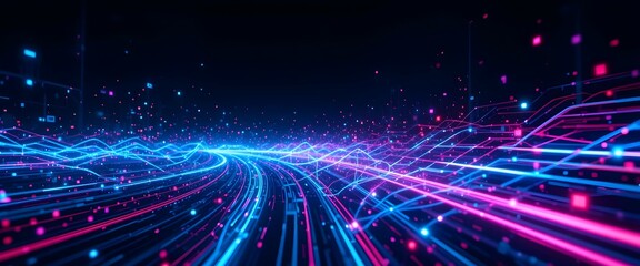 Obraz premium Futuristic Digital Data Stream with Glowing Neon Light Trails