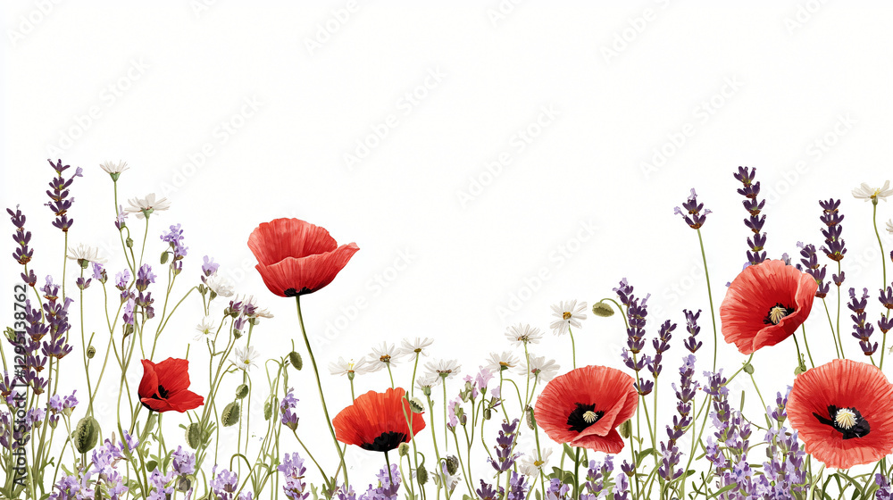 Poster vibrant field of colorful flowers against a crisp white background creating a fresh and inviting atm