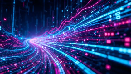 Futuristic Digital Data Stream with Glowing Neon Light Trails