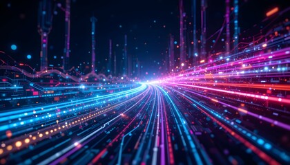Fototapeta premium Futuristic Digital Data Stream with Glowing Neon Light Trails
