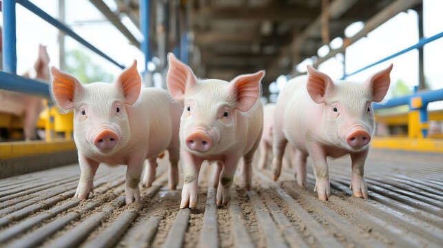 Three piglets walking in a barn, looking at the camera, on a slatted floor.