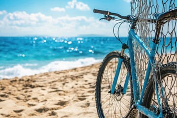 Fototapeta premium A bicycle rests on the sandy beach, positioned near the gentle waves of the water, embodying a serene coastal scene.