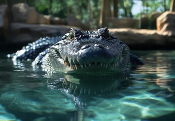 Obraz premium Close-Up of a Majestic Alligator Swimming and Lurking in Crystal Clear Water Under Natural Light in a Serene Outdoor Environment