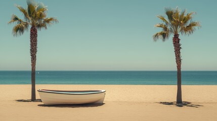 A serene beach scene featuring two palm trees swaying gently and a boat resting on the golden sand under a clear blue sky.