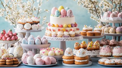 A festive bakery display with Easter-themed pastries, cookies, and cakes