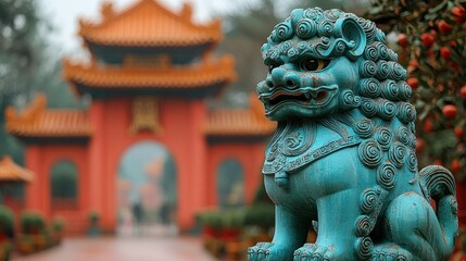 Obraz premium Teal Foo Dog Statue in Chinese Temple