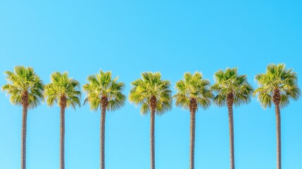 Obraz premium A cluster of araffe palm trees stands tall against a vibrant blue sky adorned with fluffy white clouds, showcasing a tropical paradise.