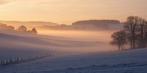 A hazy winter sunset, diffused by mist rolling over the hills.
