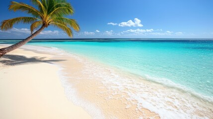Fototapeta premium A serene beach scene featuring a solitary palm tree beside tranquil waters, evoking a sense of relaxation and tropical beauty.