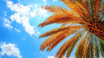 A vibrant palm tree features a striking orange leaf against a clear blue sky, showcasing a beautiful contrast in nature's colors.
