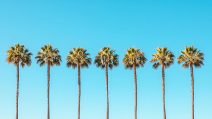 Fototapeta premium A row of graceful araffe palm trees stands tall against a bright blue sky, creating a serene and tropical atmosphere.