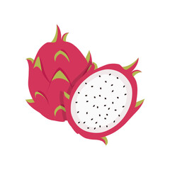 Summer tropical fruits for healthy lifestyle red dragon fruit whole fruit and half vector illustration flat cartoon icon isolated on white background