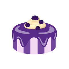 A vector illustration of a blueberry cake with purple glaze, whipped cream, and fresh blueberries on top. Perfect for bakery, dessert menus, food packaging, and sweet themed designs.
