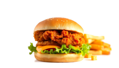 A chicken sandwich with crispy fried chicken, brioche bun, spicy sauce, fresh tomato slices, and crisp lettuce. Captured in a professional studio with a solid white background.