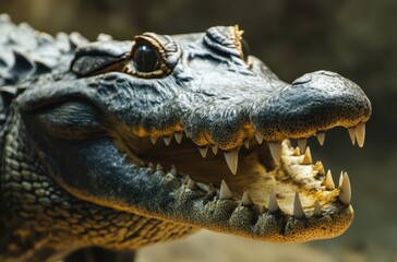 Obraz premium Close-up of a Realistic Alligator Head Showing Sharp Teeth and Detailed Texture in Natural Habitat, Ideal for Wildlife and Nature Photography