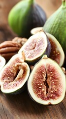 Juicy Figs and Pecans on Rustic Wood Background