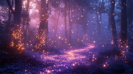 Enchanted forest path illuminated with magical glowing lights