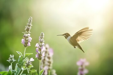 Hummingbird hovering near lavender, garden sunlight