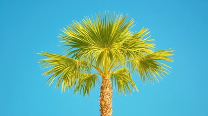 Arafed palm tree stands tall against a clear blue sky, showcasing its vibrant green fronds and the serene ambiance of a cloudless day.
