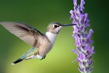 Naklejka premium Hummingbird feeding lavender, garden blur