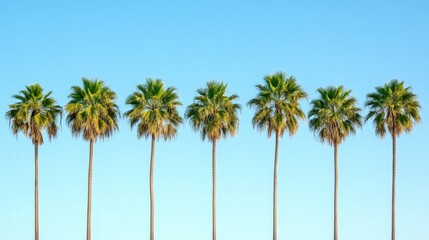 Obraz premium A row of graceful palm trees stands tall against a vibrant blue sky, creating a serene and tropical atmosphere.