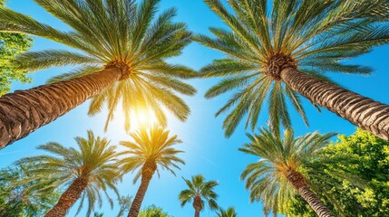 Fototapeta premium A serene scene featuring palm trees illuminated by sunlight, creating a tranquil atmosphere that highlights nature's beauty.