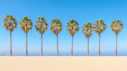 Fototapeta premium Tropical palm trees grace the sandy beach under a clear blue sky, creating a serene coastal landscape ideal for relaxation and vacationing.