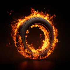 close up of car tire surrounded by flames, creating dramatic and intense visual effect. fiery backdrop emphasizes tire texture and design, evoking sense of power and energy