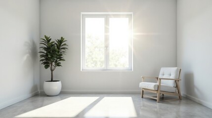 Serene minimalist room interior design featuring a single armchair bathed in sunlight streaming through a large window, accompanied by a potted plant in a corner.