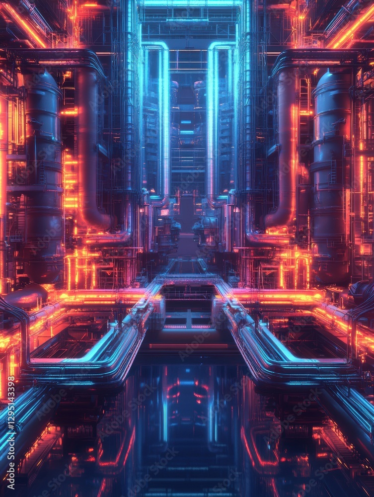 Poster futuristic gas power plant with neon glowing pipelines in a high tech environment. generative ai