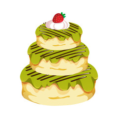 A matcha layered cake with chocolate drizzle and strawberry topping. Vector illustration