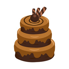 A layered chocolate cake with dripping glaze and wafer roll topping. Vector illustration